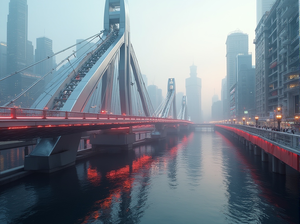 Prompt: \Sleek modern bridge, silver metallic structures, bold red accents, urban cityscape, misty morning atmosphere, soft natural lighting, 1/1 composition, realistic reflections, subtle gradient maps, atmospheric perspective, vibrant urban colors, concrete piers, steel cables, pedestrian walkways, futuristic design elements, LED lighting systems, dynamic motion blur.\