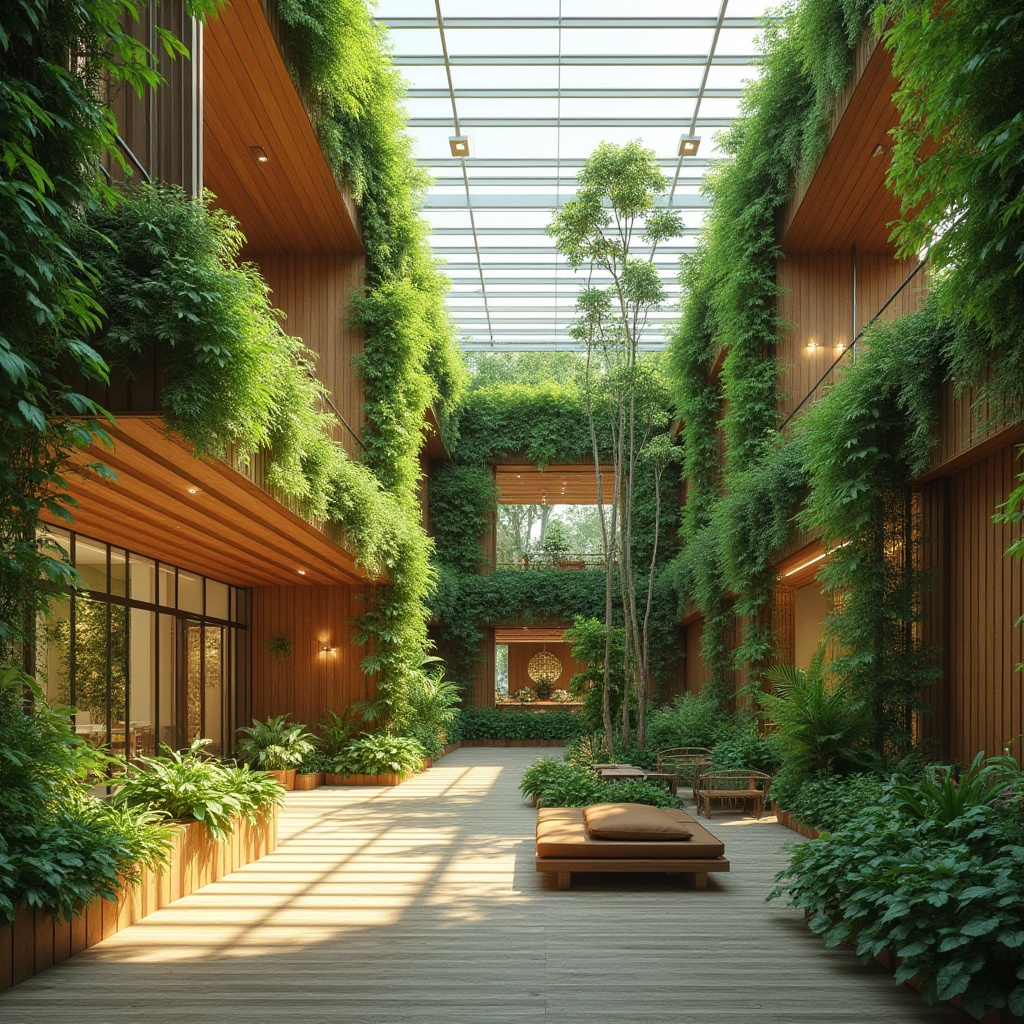 Prompt: Vibrant green walls, living plants, natural wood accents, organic shapes, abundant daylight, clerestory windows, transparent roofing, open-air courtyard, educational gardens, botanical displays, habitat restoration areas, eco-friendly materials, minimal waste design, renewable energy systems, solar-powered lighting, rainwater harvesting systems, reclaimed wood furniture, earthy color palette, nature-inspired textures, soft diffused lighting, shallow depth of field, 1/2 composition, realistic renderings, ambient occlusion.