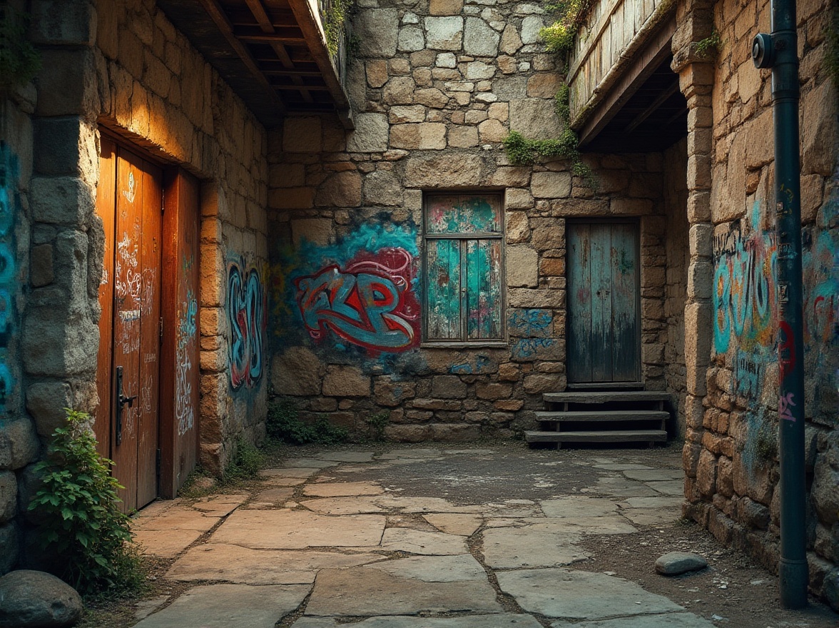 Prompt: Rugged stone walls, earthy tones, moss-covered surfaces, weathered wooden planks, distressed metal sheets, industrial pipes, urban graffiti, vibrant street art, eclectic textures, abstract patterns, organic shapes, natural materials, warm ambient lighting, soft focus, atmospheric perspective, cinematic composition.