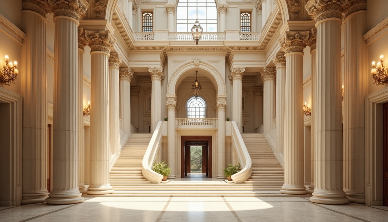 Prompt: Grand university building, Corinthian columns, ornate capitals, rusticated bases, symmetrical facade, majestic entrance, sweeping staircases, elegant archways, cream-colored stone walls, polished marble floors, high ceilings, dramatic chandeliers, soft warm lighting, shallow depth of field, 3/4 composition, panoramic view, realistic textures, ambient occlusion.