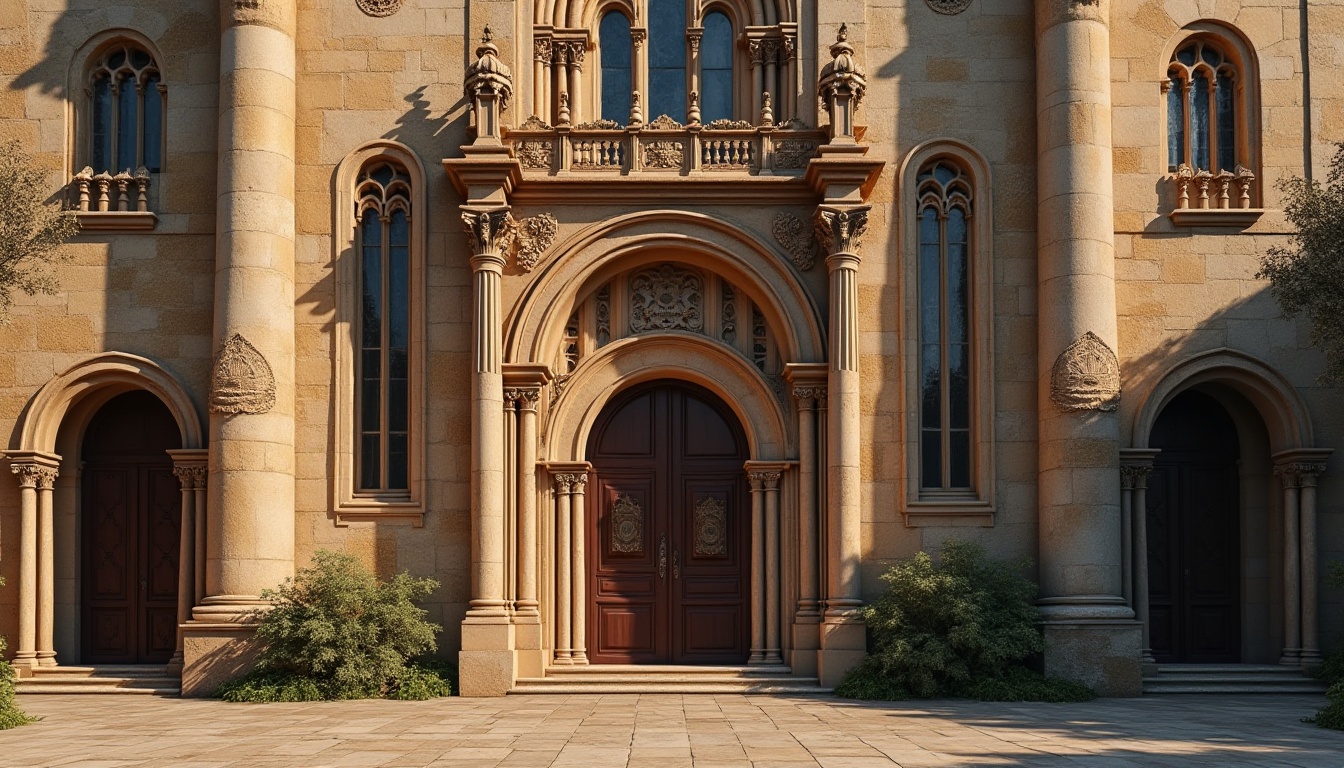 Prompt: Ornate monastery facade, rustic stone walls, arched windows, stained glass details, grand entrance doors, intricate carvings, ornamental columns, Renaissance-inspired architecture, warm golden lighting, soft shadows, subtle texture details, atmospheric mist, 1/1 composition, symmetrical view, realistic materials, ambient occlusion, subtle animations.