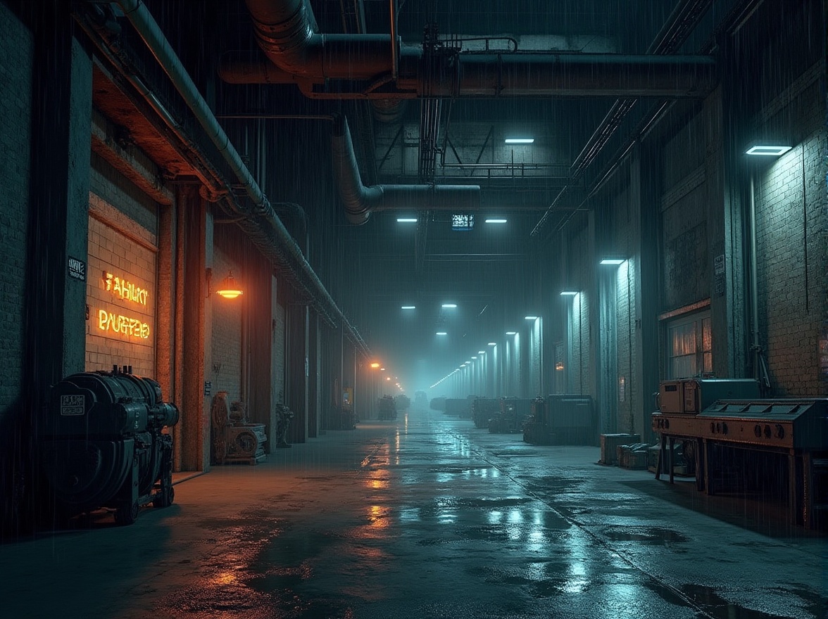 Prompt: Abandoned factory, rusted metal beams, exposed brick walls, old machinery, industrial pipes, distressed concrete floors, futuristic neon lights, cyberpunk atmosphere, high-tech gadgets, holographic displays, sleek metallic surfaces, minimalistic design, urban cityscape, rainy night, moody lighting, shallow depth of field, 2/3 composition, cinematic view, realistic textures, ambient occlusion.