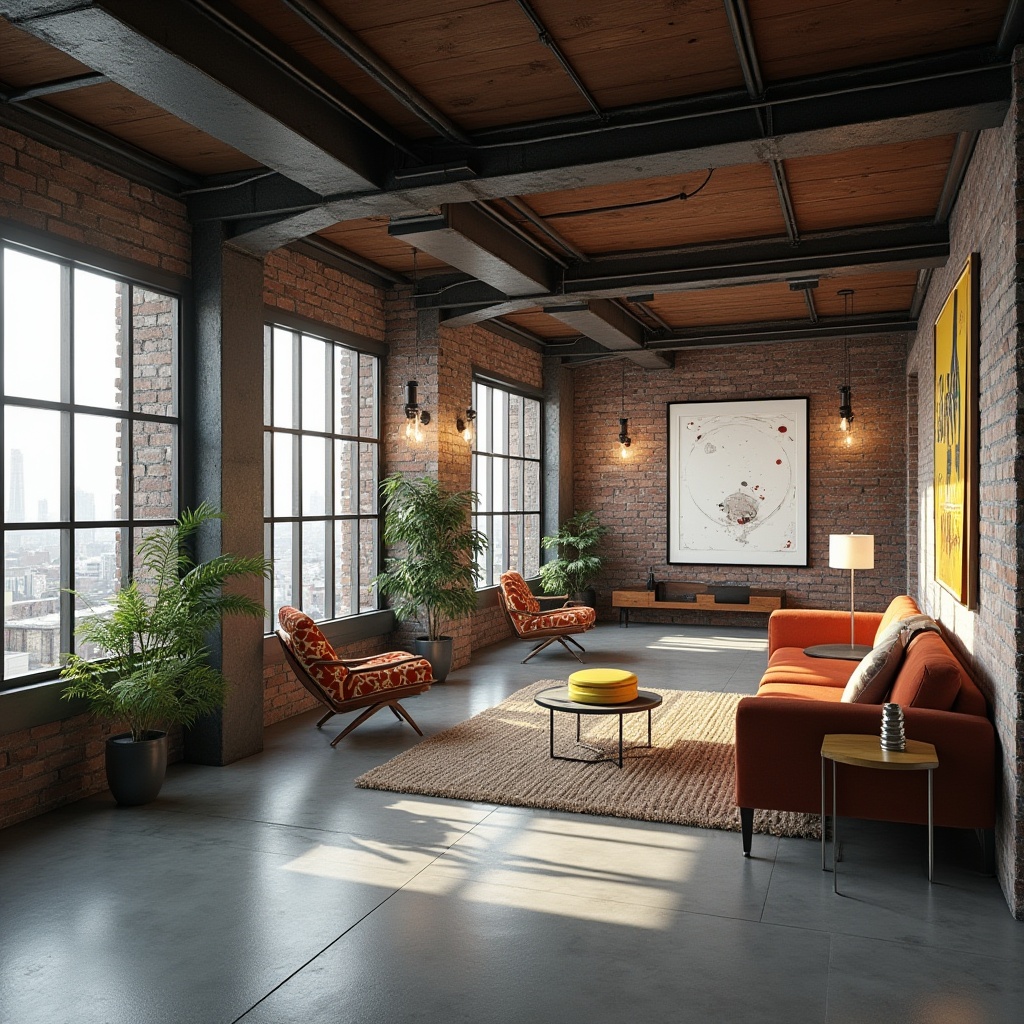 Prompt: Industrial chic loft, exposed brick walls, polished concrete floors, minimalist decor, steel beams, wooden accents, functional furniture, ample natural light, urban cityscape views, modern art pieces, geometric patterns, bold color schemes, eclectic textures, airy atmosphere, high ceilings, open floor plan, functional lighting, 1/1 composition, softbox lighting, subtle shadows, realistic renderings.