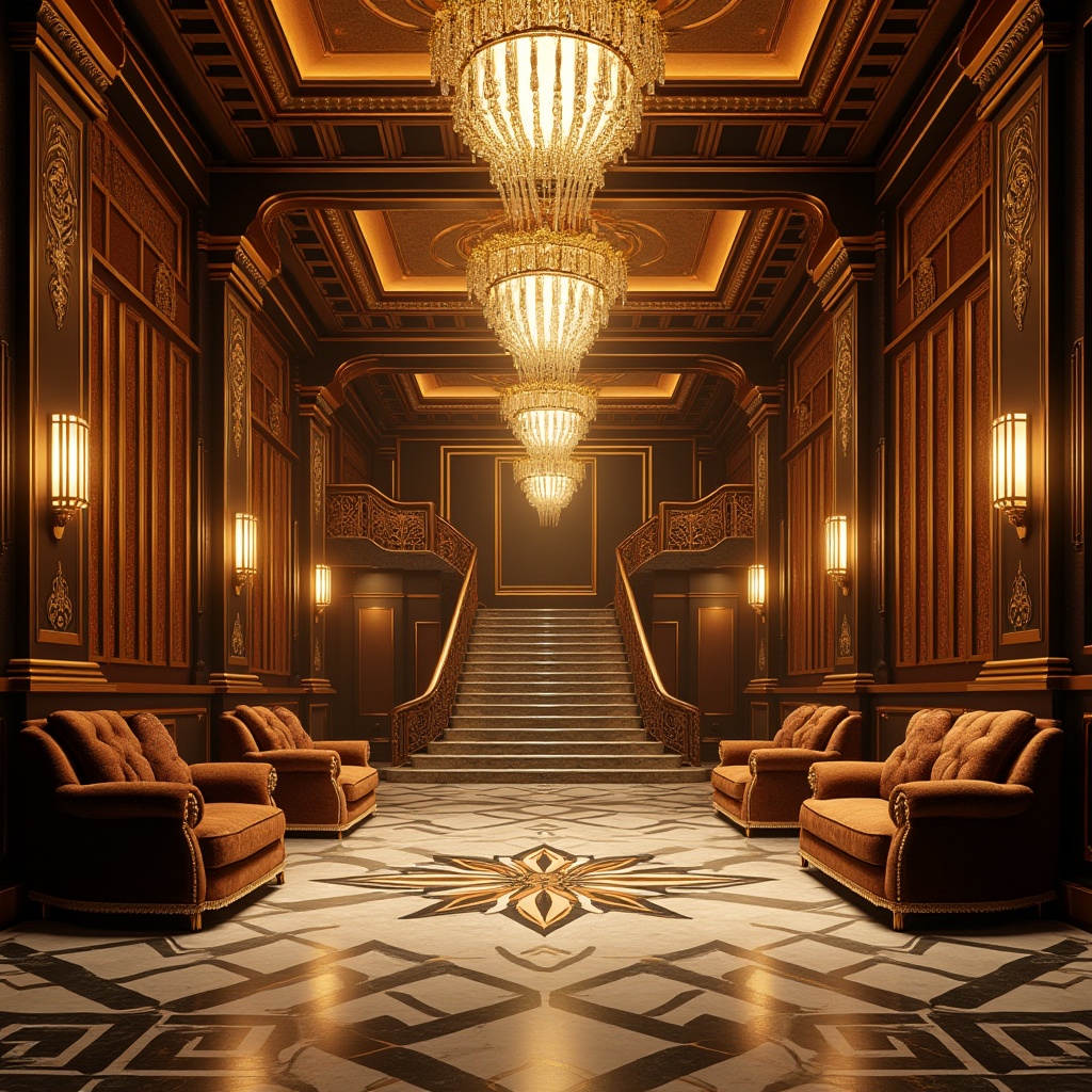 Prompt: Luxurious Art Deco palace, opulent chandeliers, intricate metalwork, ornate geometric patterns, lavish furnishings, velvet drapes, marble floors, gilded accents, metallic sheen, sunburst motifs, zigzag designs, stepped silhouettes, bold typography, glamorous lighting, warm golden tones, high-contrast shadows, dramatic perspective, 1/1 composition, symmetrical framing, realistic reflections, ambient occlusion.