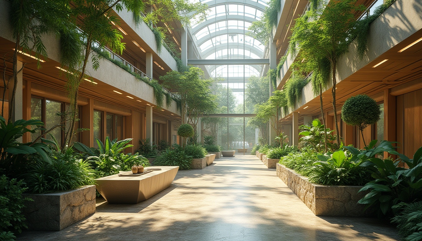 Prompt: Vibrant atrium, lush greenery, natural stone walls, large skylights, clerestory windows, bright diffused light, soft warm ambiance, energy-efficient LED fixtures, solar tubes, tubular daylighting devices, minimal artificial lighting, open floor plan, airy feel, comfortable temperature, passive heating and cooling systems, sustainable building materials, eco-friendly design, serene atmosphere, calming color palette, organic textures, natural ventilation systems.