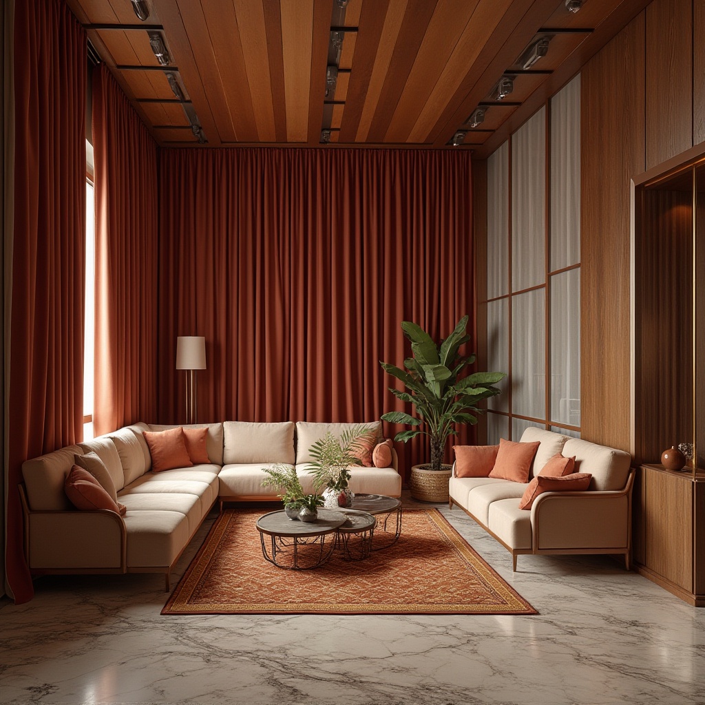 Prompt: Luxurious velvet drapes, soft suede couches, polished marble floors, rich wood grain accents, metallic chrome fixtures, frosted glass partitions, woven rattan furniture, supple leather upholstery, intricately patterned rugs, ambient warm lighting, shallow depth of field, 1/1 composition, realistic reflections, vibrant color palette.