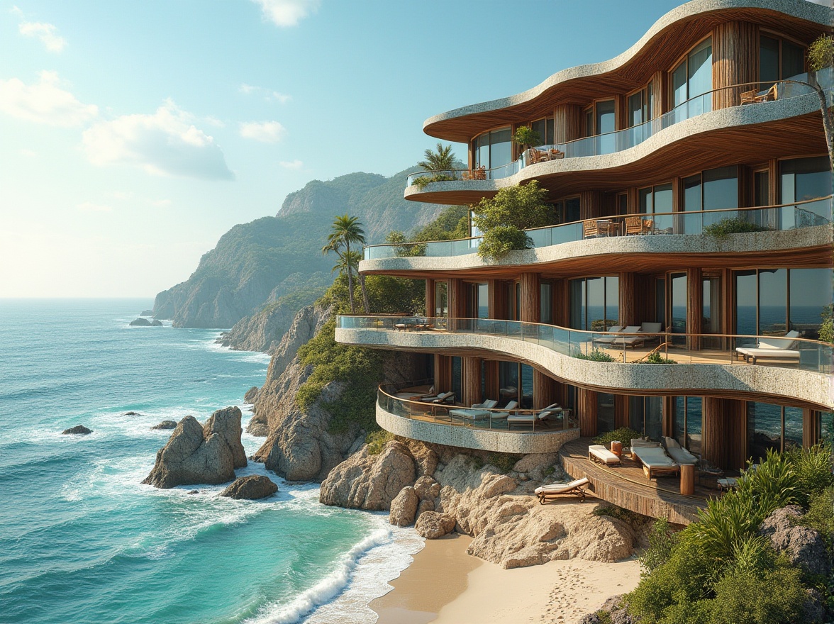 Prompt: Wavy coastal lines, oceanfront views, sea salt mist, weathered wood accents, rusted metal cladding, undulating balconies, floor-to-ceiling windows, sliding glass doors, coral-inspired patterns, turquoise hues, sandy dune formations, beachside promenades, driftwood decor, nautical-themed railings, cantilevered roofs, minimalist support columns, ocean-breeze ventilation systems, shading devices, 1/1 composition, high-key lighting, cinematic atmosphere, realistic water simulations.