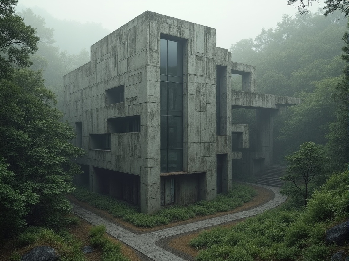 Prompt: Rugged research center, brutalist architecture, raw concrete fa\u00e7ade, geometric patterns, industrial materials, metallic accents, angular lines, fortress-like structure, dense foliage surroundings, misty atmospheric conditions, warm softbox lighting, shallow depth of field, 1/2 composition, symmetrical framing, realistic textures, ambient occlusion.Let me know if this meets your requirements!