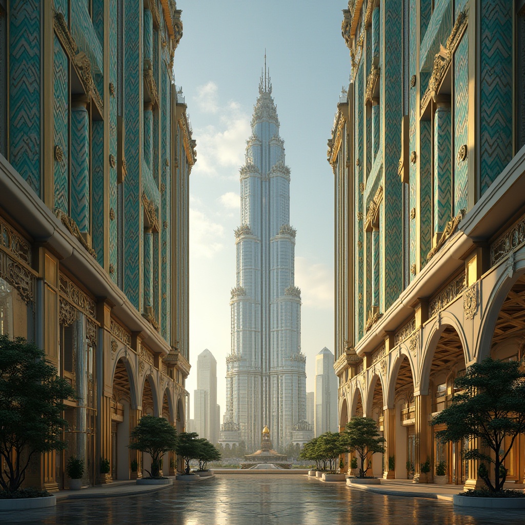 Prompt: Luxurious skyscraper, ornate metalwork, zigzag patterns, geometric shapes, vibrant turquoise accents, golden decorative details, symmetrical composition, sunburst motifs, chevron designs, stepped silhouettes, grand entranceways, opulent lobbies, high-rise cityscape, urban jungle, morning sunlight, warm ambient glow, shallow depth of field, 1/2 composition, cinematic view, realistic reflections, subtle atmospheric effects.