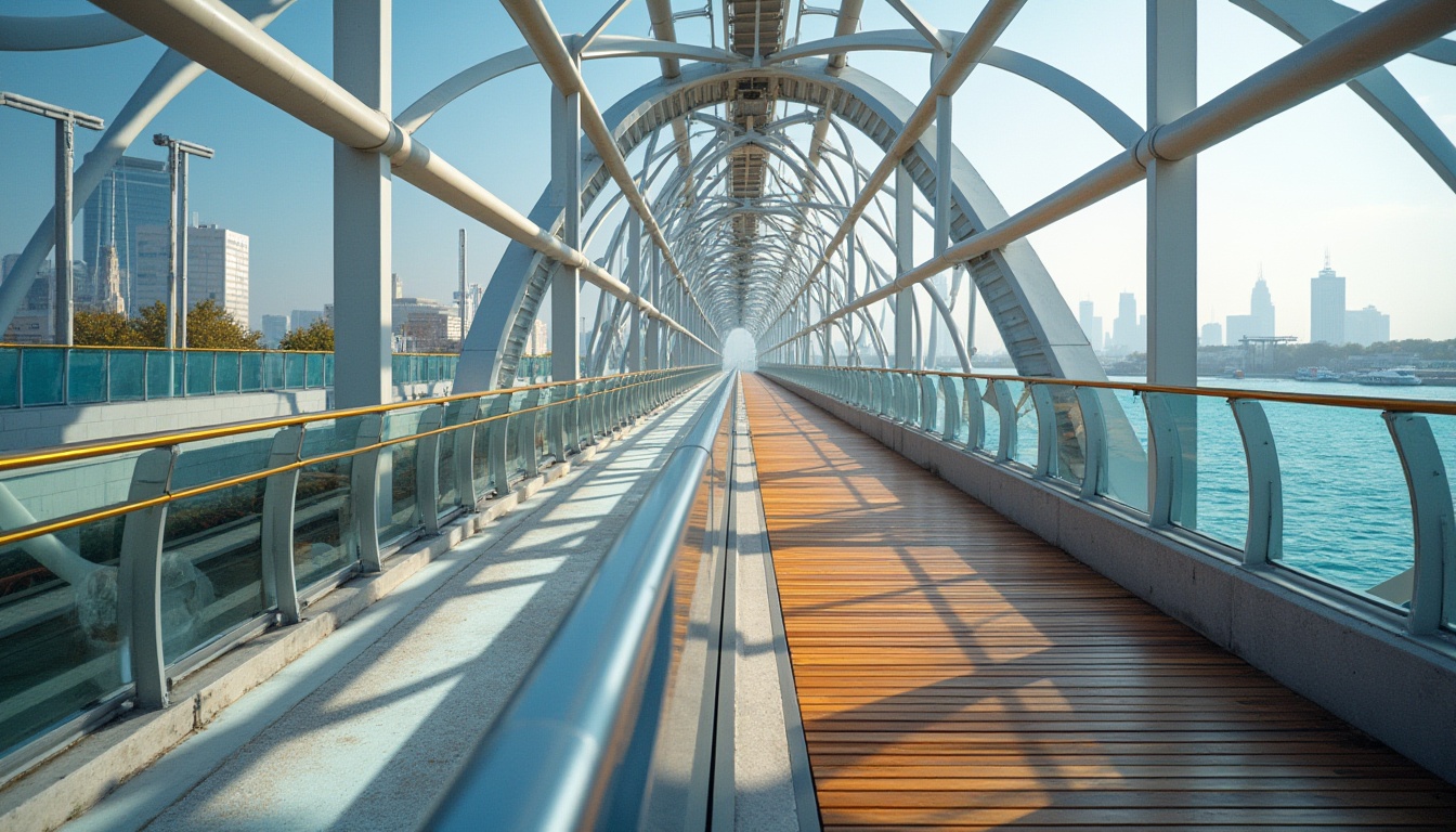 Prompt: Sleek modern bridge, steel arches, silver metal beams, bold orange accents, warm wooden decking, cool grey concrete piers, vibrant blue railings, glass pedestrian walkways, urban cityscape background, sunny day with soft shadows, 3/4 composition, shallow depth of field, realistic reflective surfaces.