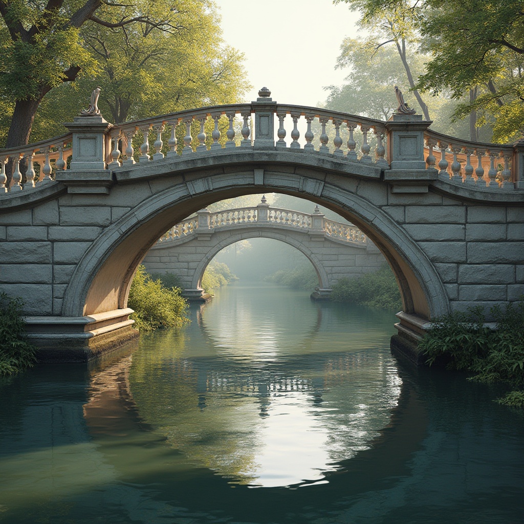 Prompt: Elegant pedestrian bridge, neoclassical arches, ornate balustrades, granite stonework, symmetrical composition, rusticated piers, classical columns, carved stone details, ornamental lanterns, refined metal railings, subtle lighting accents, serene water reflections, tranquil riverbanks, lush greenery surroundings, sunny afternoon, soft natural light, shallow depth of field, 1/2 composition, realistic textures, ambient occlusion.