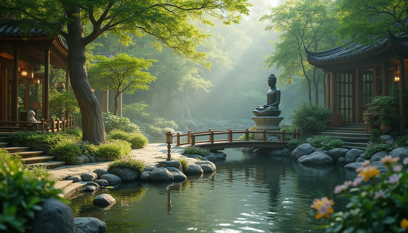 Prompt: Serenity garden, lush greenery, meandering pathways, tranquil water features, ornamental bridges, Buddha statues, meditation areas, natural stone seating, lantern lighting, soft warm ambiance, misty mornings, shallow depth of field, 3/4 composition, panoramic view, realistic textures, ambient occlusion, vibrant blooming flowers, soothing bird songs, gentle breeze whispers.