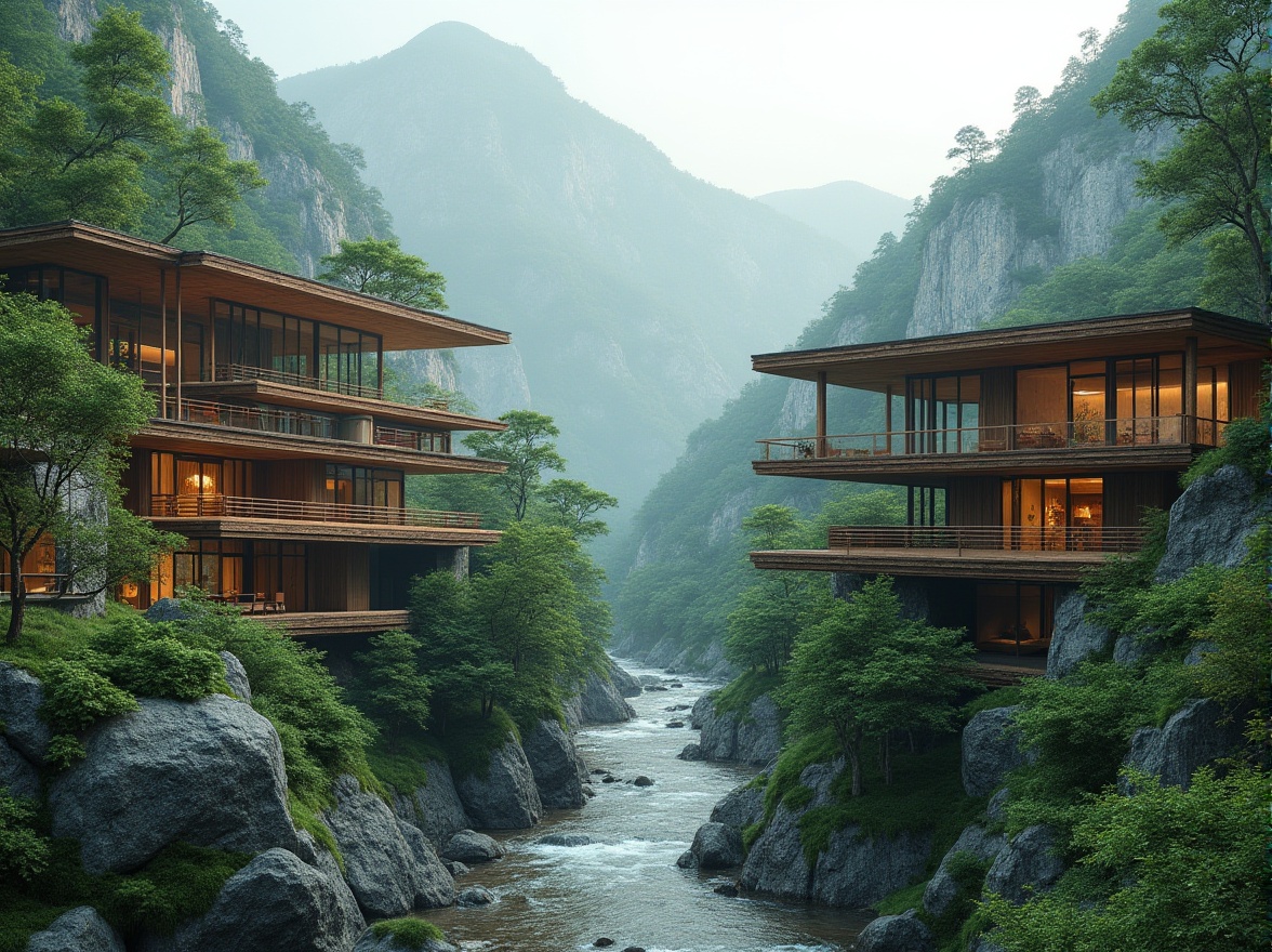 Prompt: Serene mountainous backdrop, lush green forests, meandering rivers, rustic stone walls, blended modern architecture, cantilevered structures, large overhangs, expansive glass facades, seamless transitions, organic forms, natural materials, weathered wood accents, earthy color palette, warm soft lighting, misty atmosphere, shallow depth of field, 2/3 composition, symmetrical framing, realistic textures, ambient occlusion.