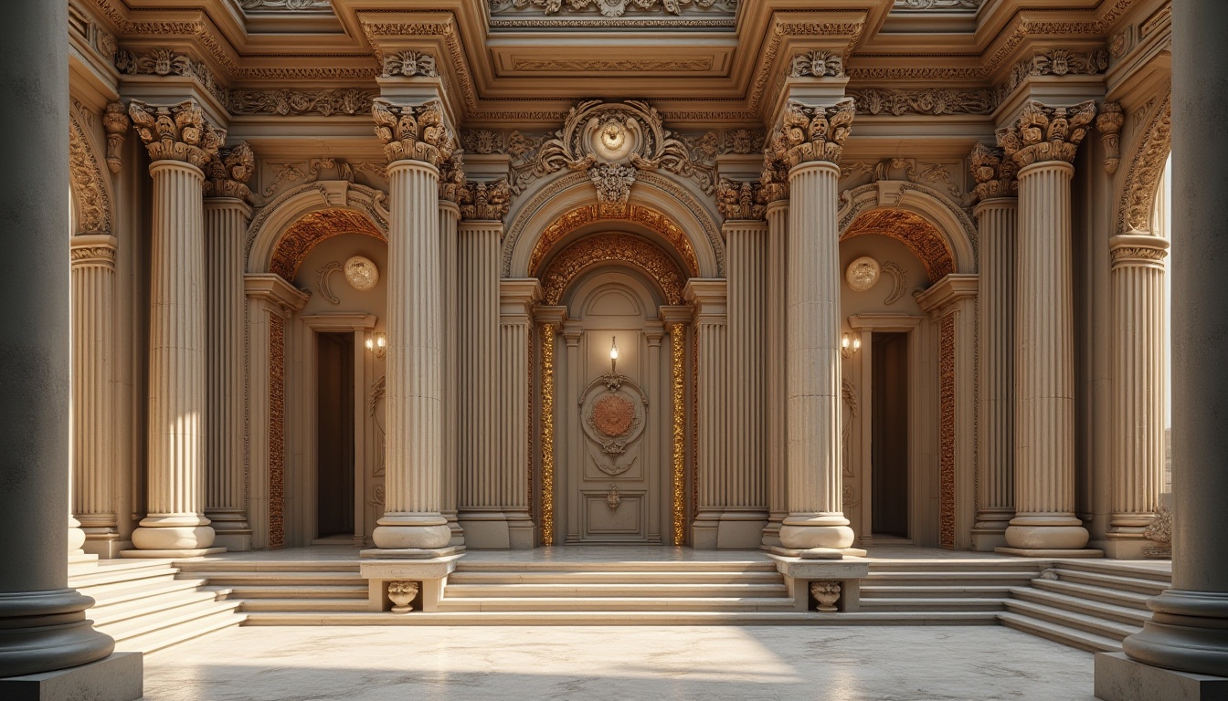 Prompt: Grandiose building facade, ornate columns, carved capital decorations, fluted column shafts, ornamental bas-reliefs, classical pediments, symmetrical composition, majestic entrance archways, sweeping staircases, polished marble floors, intricate moldings, gilded details, rusticated stone walls, dramatic uplighting, shallow depth of field, 1/2 composition, realistic textures, ambient occlusion.