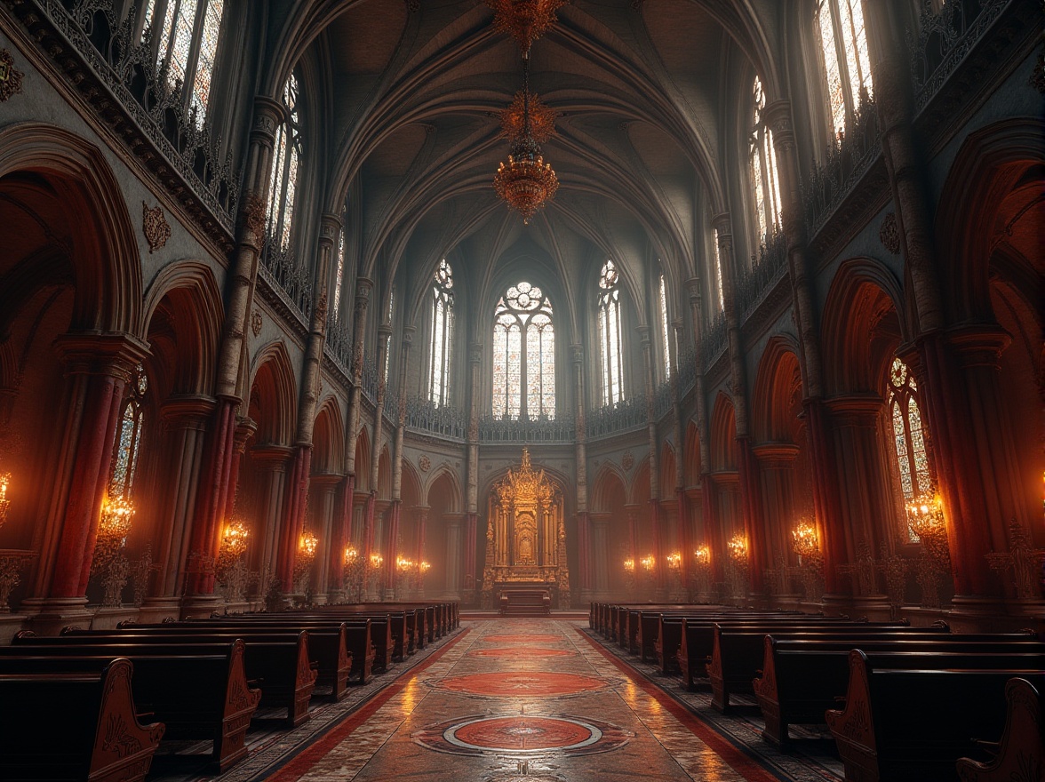 Prompt: Grandiose Gothic cathedral, high vaulted ceilings, ornate stone carvings, stained glass windows, intricate archways, rich velvet drapes, dark wooden furniture, mysterious ambiance, soft warm lighting, dramatic shadows, 1/1 composition, atmospheric perspective, realistic textures, ambient occlusion, grand chandelier, opulent furnishings, lavish decorations, regal atmosphere.