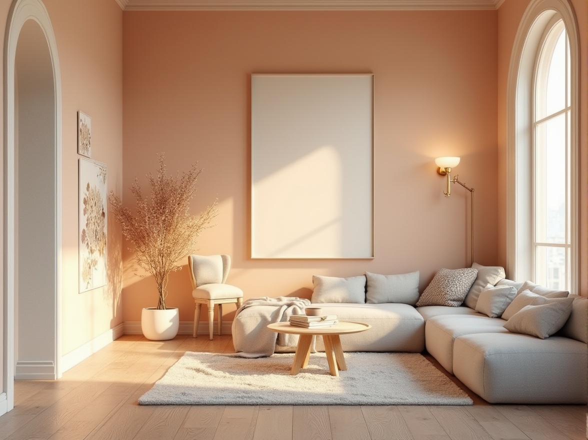 Prompt: Soft peach walls, creamy white trim, rich wood accents, calming blue undertones, natural linen upholstery, earthy terracotta floors, warm golden lighting, delicate floral patterns, subtle gradient effects, gentle color transitions, serene atmosphere, minimalist decor, cozy reading nooks, plush area rugs, soothing pastel hues, elegant typography, harmonious color balance, artistic brushstroke textures.