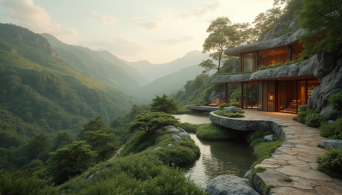 Prompt: Seamless landscape integration, blending with nature, rolling hills, verdant forests, sparkling water features, meandering pathways, organic architecture, curved lines, natural stone materials, reclaimed wood accents, earthy color palette, soft warm lighting, misty atmosphere, shallow depth of field, 1/2 composition, cinematic view, realistic textures, ambient occlusion.