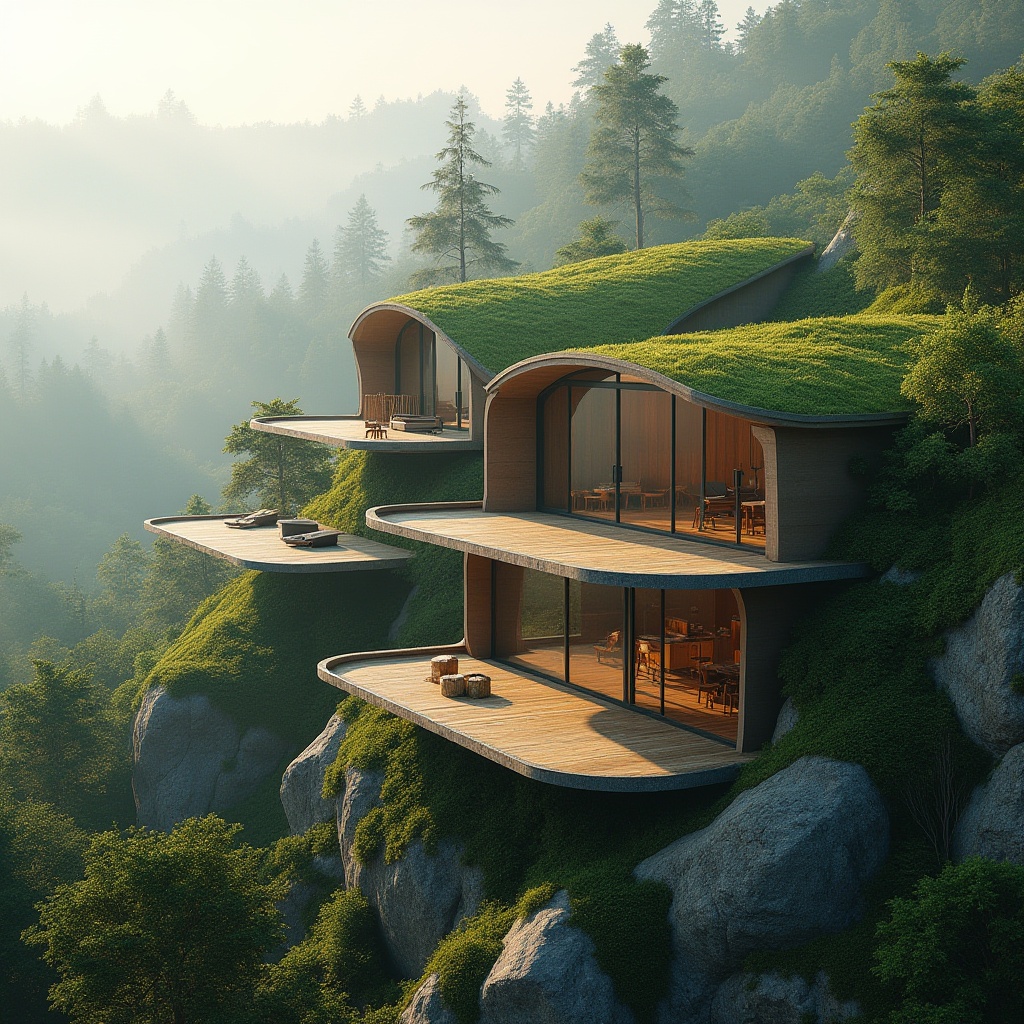 Prompt: Harmonious hillside residence, lush green roofs, cantilevered wooden decks, floor-to-ceiling glass windows, sliding doors, natural stone walls, curved lines, organic shapes, surrounding forest, tall trees, misty morning, warm sunlight, soft shadows, 1/1 composition, realistic textures, ambient occlusion.