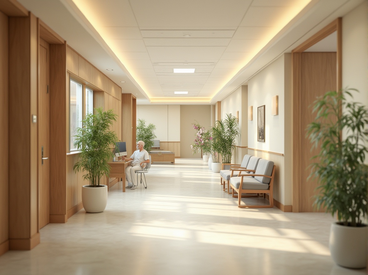 Prompt: Soothing hospital corridors, natural wood accents, calming color schemes, comfortable seating areas, gentle lighting fixtures, peaceful artwork, minimalist decor, functional nurse stations, private patient rooms, spacious waiting lounges, warm beige tones, earthy textures, organic shapes, ergonomic furniture, abundant greenery, serene ambiance, shallow depth of field, 3/4 composition, realistic reflections, subtle ambient occlusion.