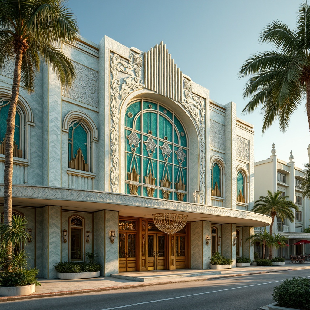 Prompt: Luxurious Art Deco building, ornate metallic fa\u00e7ade, zigzag patterns, geometric motifs, vibrant turquoise accents, sunburst designs, chevron shapes, luxurious marble cladding, bronze metalwork, opulent chandeliers, lavish ornateness, tropical palm trees, sunny day, soft warm lighting, shallow depth of field, 3/4 composition, panoramic view, realistic textures, ambient occlusion.Please let me know if this meets your requirements!