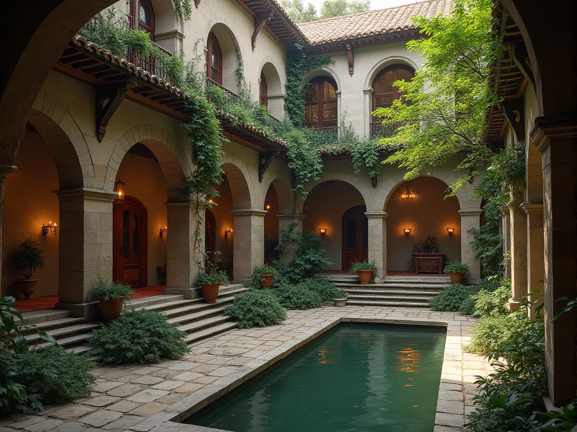 Prompt: Serene monastery courtyard, tranquil water features, lush greenery, rustic stone walls, ornate wooden doors, stained glass windows, grand staircases, cozy reading nooks, rich velvet fabrics, warm candlelight, soft natural textures, intricate fresco ceilings, classic Renaissance architecture, symmetrical fa\u00e7ades, elegant archways, peaceful ambient lighting, shallow depth of field, 2/3 composition, harmonious color palette, realistic materials, subtle weathering effects.