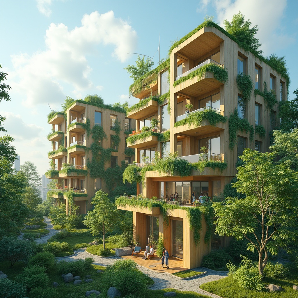 Prompt: Eco-friendly buildings, recycled materials, bamboo structures, green roofs, solar panels, wind turbines, rainwater harvesting systems, living walls, vertical gardens, natural ventilation systems, low-carbon footprint, minimalist design, organic shapes, earthy tones, reclaimed wood accents, energy-efficient windows, insulated facades, passive house architecture, sustainable urban planning, futuristic cityscapes, vibrant greenery, clear blue skies, warm natural lighting, 1/1 composition, realistic textures, ambient occlusion.