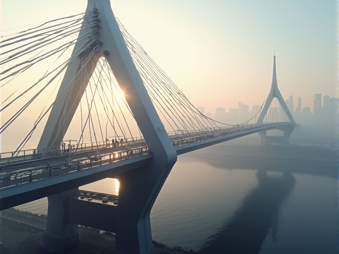 Prompt: Futuristic suspension bridge, sleek metal arches, cables and wires, LED lighting systems, cantilevered pedestrian walkways, glass floors, angular steel beams, minimalist piers, modern urban landscape, city skyline, misty morning atmosphere, soft warm lighting, shallow depth of field, 3/4 composition, panoramic view, realistic textures, ambient occlusion.