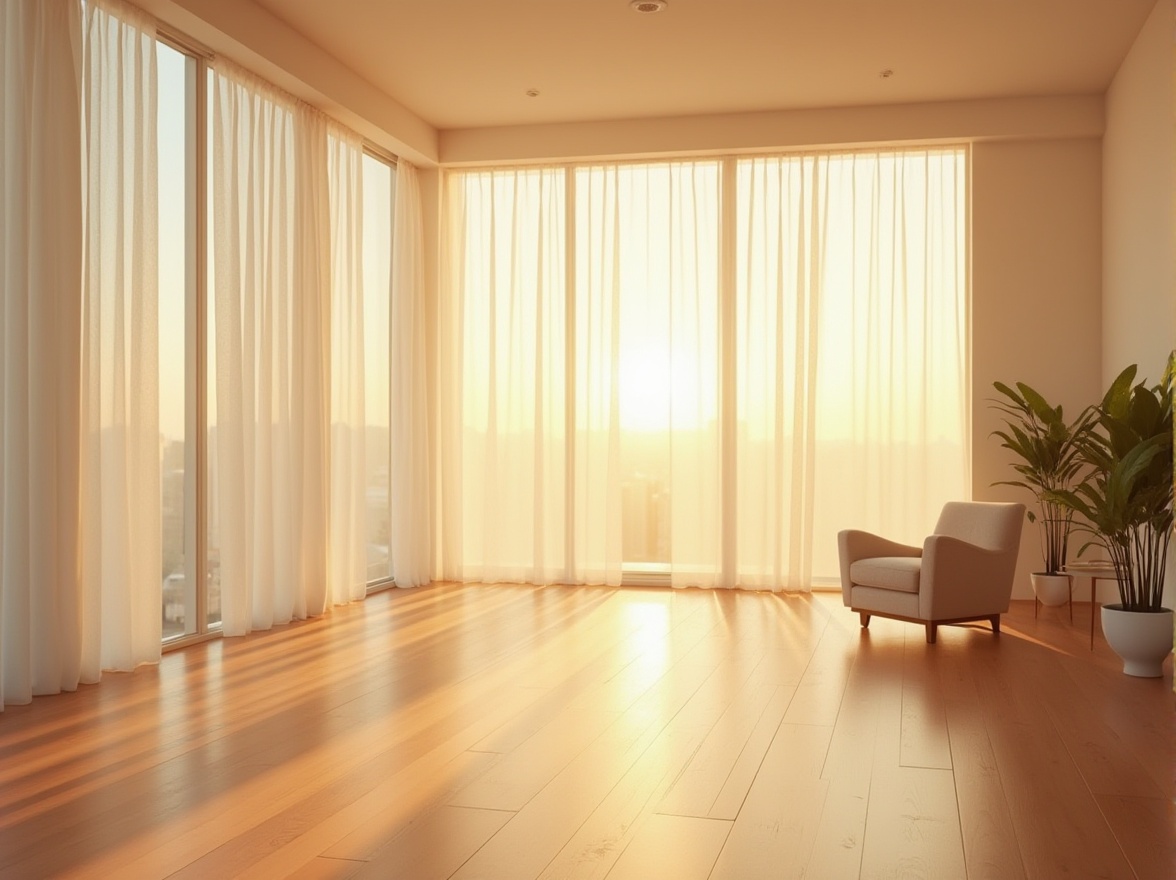 Prompt: Soft warm glow, abundant natural light, floor-to-ceiling windows, minimal window frames, sheer white curtains, creamy interior walls, polished wooden floors, elegant furniture silhouettes, subtle shadows, gentle ambiance, airy atmosphere, morning sunlight, afternoon warmth, golden hour lighting, soft focus, shallow depth of field, 1/2 composition, realistic textures, ambient occlusion.