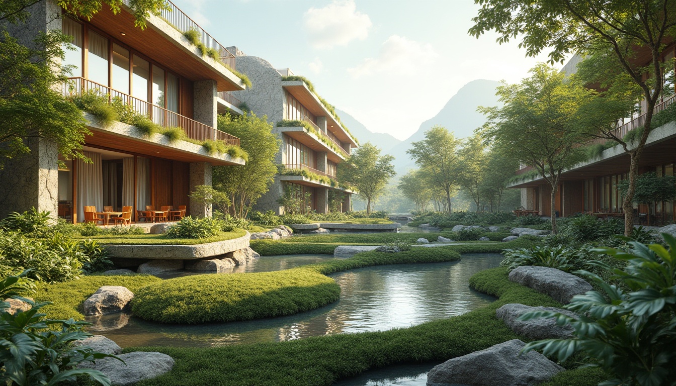 Prompt: Harmonious landscape integration, lush green roofs, native plant species, meandering walkways, serene water features, natural stone walls, modern building facades, large glass windows, cantilevered overhangs, organic shapes, sustainable design principles, eco-friendly materials, minimal carbon footprint, abundant natural light, soft warm ambiance, 1/1 composition, shallow depth of field, realistic textures, ambient occlusion.