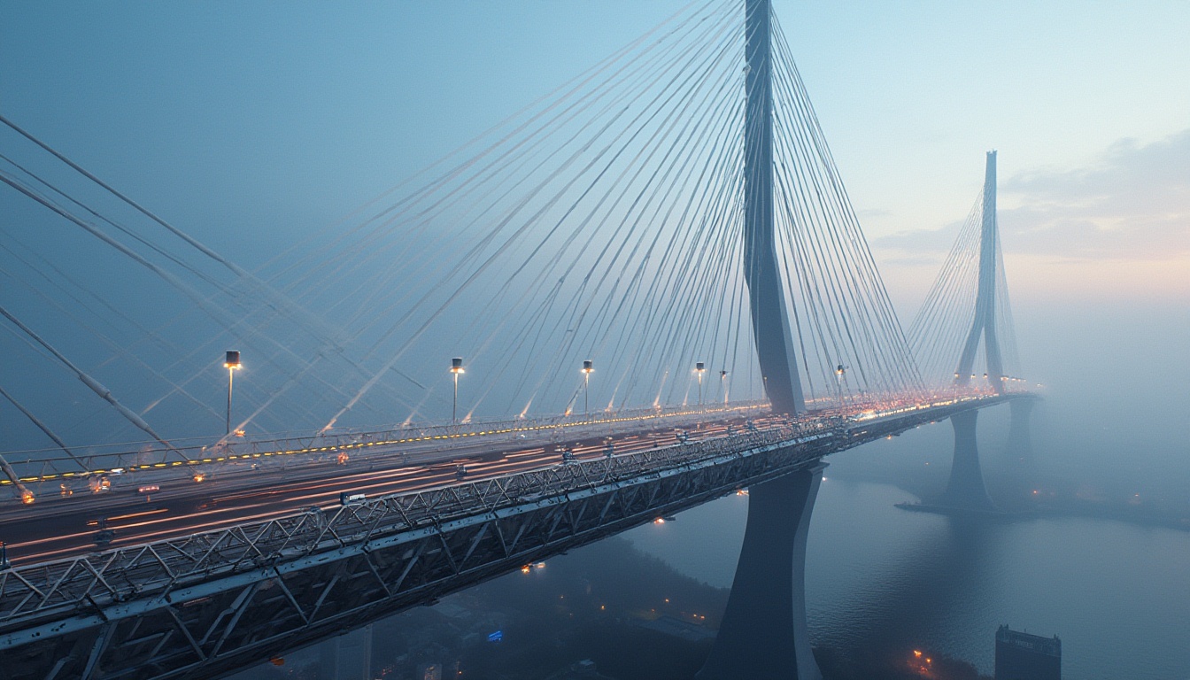 Prompt: Futuristic suspension bridge, sleek steel cables, angular support towers, modern LED lighting, metallic latticework, geometric shapes, urban cityscape, misty morning atmosphere, shallow depth of field, 1/2 composition, symmetrical view, high-contrast colors, dramatic shadows, realistic reflections, ambient occlusion.