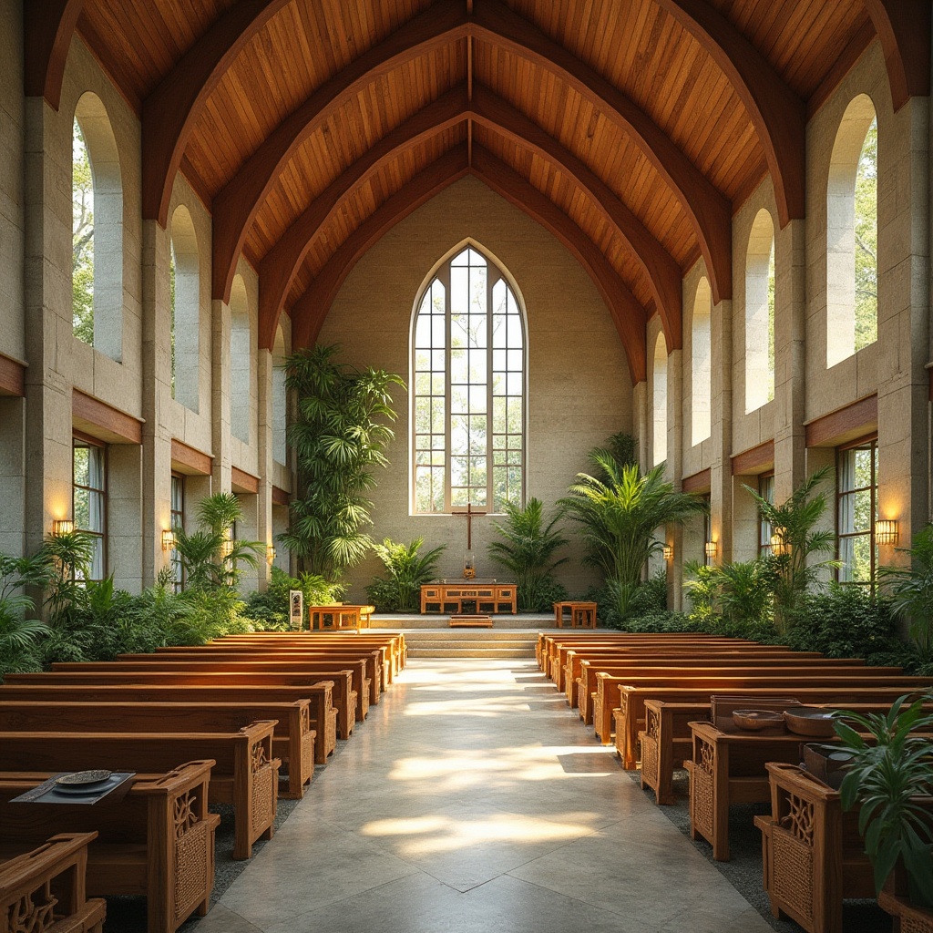 Prompt: Eco-friendly church design, natural stone fa\u00e7ade, reclaimed wood accents, solar panels, green roofs, rainwater harvesting systems, energy-efficient stained glass windows, minimalist interior, recycled metal beams, low-VOC paints, bamboo flooring, woven rattan furniture, serene ambiance, soft warm lighting, shallow depth of field, 3/4 composition, panoramic view, realistic textures, ambient occlusion.