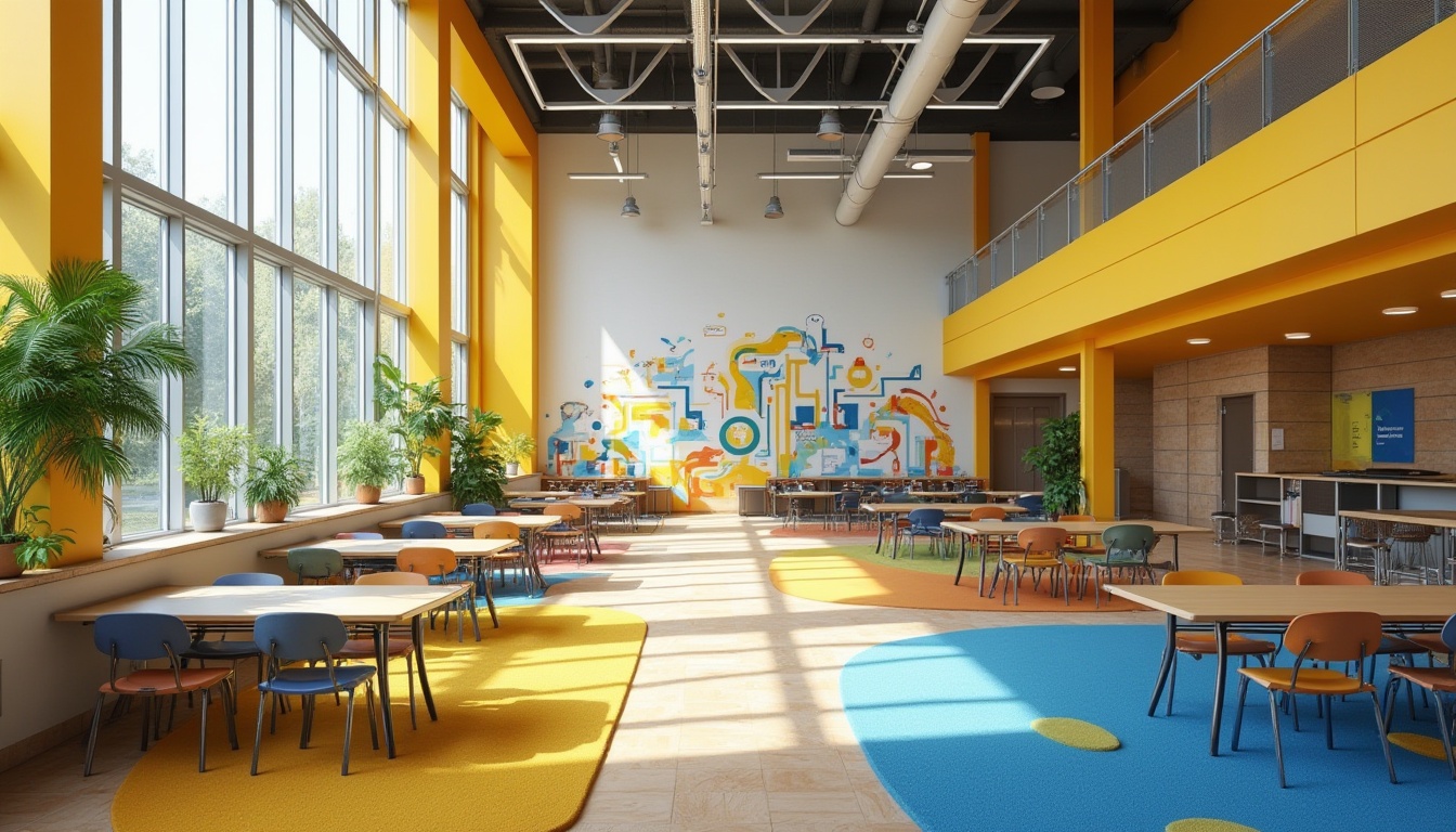 Prompt: Vibrant educational institution, modern architecture, bold primary colors, energetic yellow accents, calming blue tones, neutral beige backgrounds, stimulating greenery, natural wood textures, sleek metal fixtures, geometric patterned carpets, abstract wall murals, inspirational quotes, motivational posters, collaborative learning spaces, flexible seating arrangements, ample natural light, soft warm lighting, shallow depth of field, 3/4 composition, realistic textures, ambient occlusion.