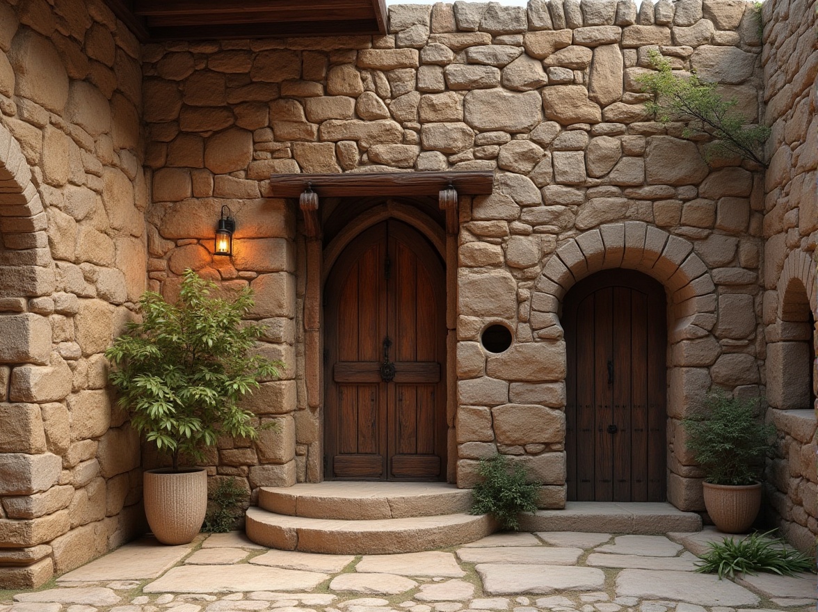 Prompt: Rustic stone walls, weathered wooden accents, rough-hewn brick facades, earthy tone color palette, natural material textures, organic forms, irregular shapes, asymmetrical compositions, warm ambient lighting, soft shadows, 3/4 camera angle, atmospheric perspective, realistic renderings, detailed normal maps, subtle specular highlights.