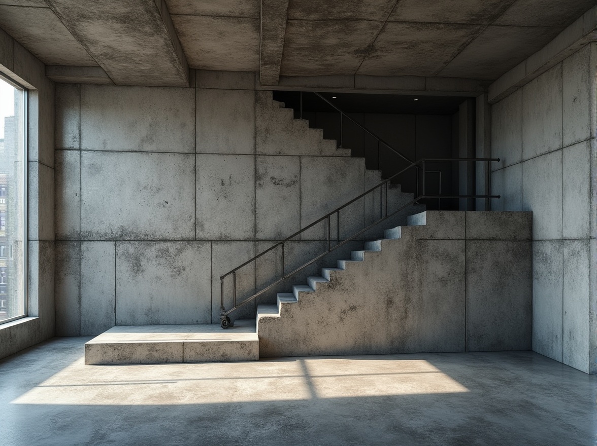 Prompt: Exposed concrete walls, rough-textured surfaces, industrial metal beams, minimalist windows, brutalist architecture, raw unfinished aesthetic, urban cityscape, modern apartment building, functional simplicity, rugged stone floors, metallic staircase, geometric patterns, cold atmospheric lighting, high-contrast shadows, dramatic spatial volumes, abstract artistic accents, monochromatic color scheme, stark minimal decor.