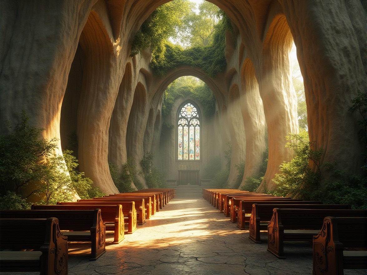 Prompt: Ethereal cathedral, undulating stone walls, fluid curves, natural light pouring through stained glass windows, ornate wooden pews, intricate carvings, earthy tone color palette, moss-covered rooftops, lush greenery surroundings, peaceful ambiance, soft warm lighting, shallow depth of field, 1/1 composition, symmetrical framing, realistic textures, ambient occlusion.