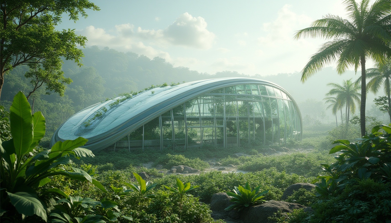 Prompt: Futuristic greenhouse, lush tropical vegetation, misty atmosphere, sustainable energy harvesting, solar panels, wind turbines, rainwater collection systems, green roofs, living walls, organic gardens, hydroponic farms, aerodynamic architecture, curved lines, translucent materials, minimal carbon footprint, eco-friendly building materials, natural ventilation systems, abundant daylight, soft diffused lighting, shallow depth of field, 3/4 composition, panoramic view, realistic textures, ambient occlusion.