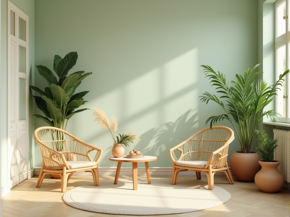 Prompt: Soft mint walls, creamy white trim, warm beige floors, pale green accents, natural wood furniture, woven rattan chairs, organic shape decorations, earthy terracotta vases, lush foliage plants, warm sunny day, soft diffused lighting, shallow depth of field, 1/2 composition, realistic textures, ambient occlusion.