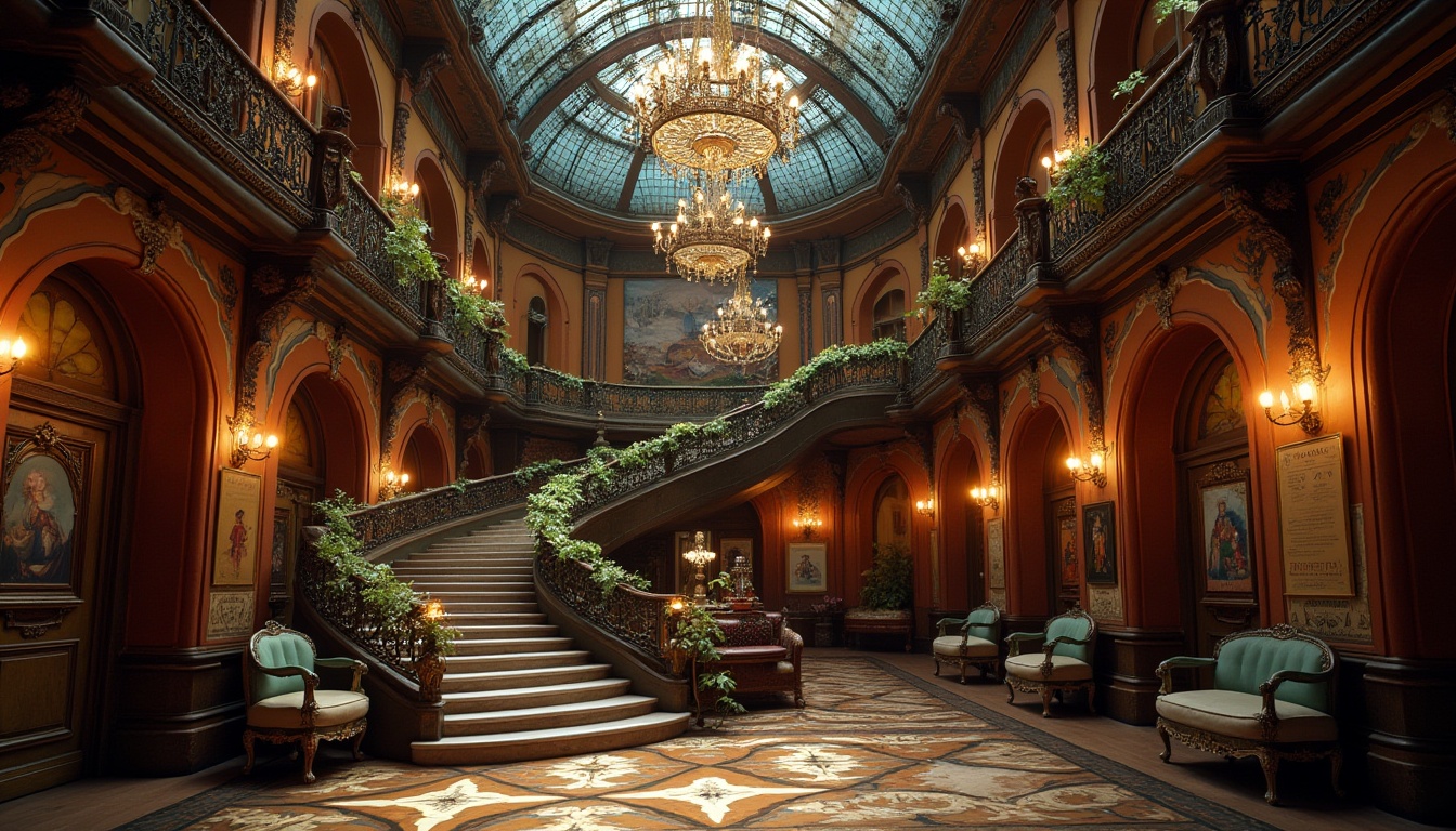 Prompt: Intricate ironwork, ornate balconies, flowing organic lines, grand staircase, lavish chandeliers, richly patterned floors, polished wood paneling, curved doorways, arched windows, stained glass ceilings, luxurious textiles, vintage posters, dim warm lighting, shallow depth of field, 1/2 composition, cinematic view, high-contrast rendering, detailed ornaments.