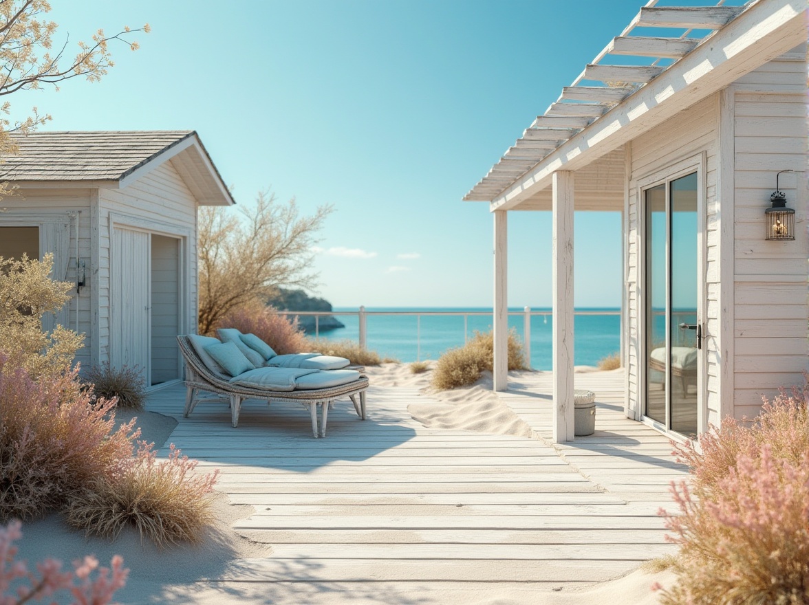 Prompt: Coastal beach houses, natural wood textures, weathered wooden decks, driftwood accents, sea-salt air, ocean-inspired blues, calming whites, sandy neutrals, coral pink hues, seashell pastels, sunlight reflections, warm beachy ambiance, 3/4 composition, shallow depth of field, panoramic view, realistic textures, ambient occlusion.