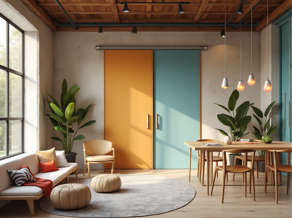 Prompt: Vibrant modern design studio, sleek minimalist interior, bold colorful accents, natural wood textures, industrial metal elements, soft pastel hues, creamy whites, rich charcoal grays, deep blues, warm golden lighting, shallow depth of field, 1/1 composition, realistic reflections, ambient occlusion.