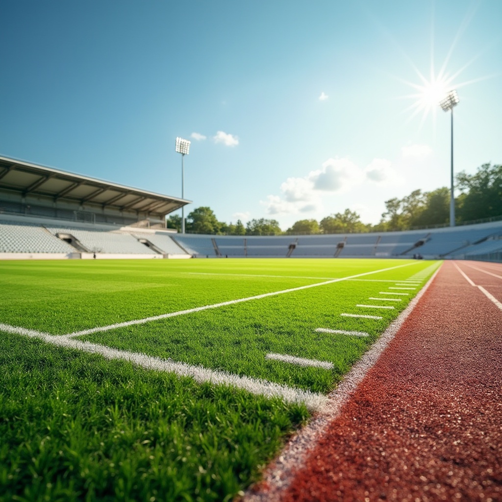 Prompt: Vibrant sports field, lush green grass, bold white lines, dynamic track markings, modern stadium seating, sleek metal railings, sunny day, clear blue sky, fresh air atmosphere, natural earthy tones, rich brown soil, artificial turf textures, realistic shadows, 3/4 composition, low-angle shot, warm golden lighting, shallow depth of field.