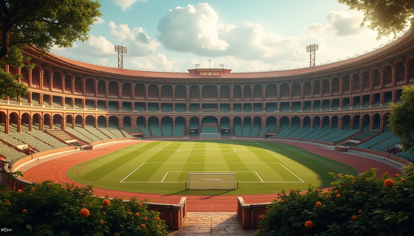 Prompt: Rustic sports stadium, ancient Romanesque facade, ornate archways, classical columns, red brick walls, terracotta roof tiles, lush greenery, vibrant flowers, athletic tracks, football fields, soccer goals, tennis courts, basketball hoops, grandstand seating, nostalgic warm lighting, shallow depth of field, 3/4 composition, panoramic view, realistic textures, ambient occlusion.