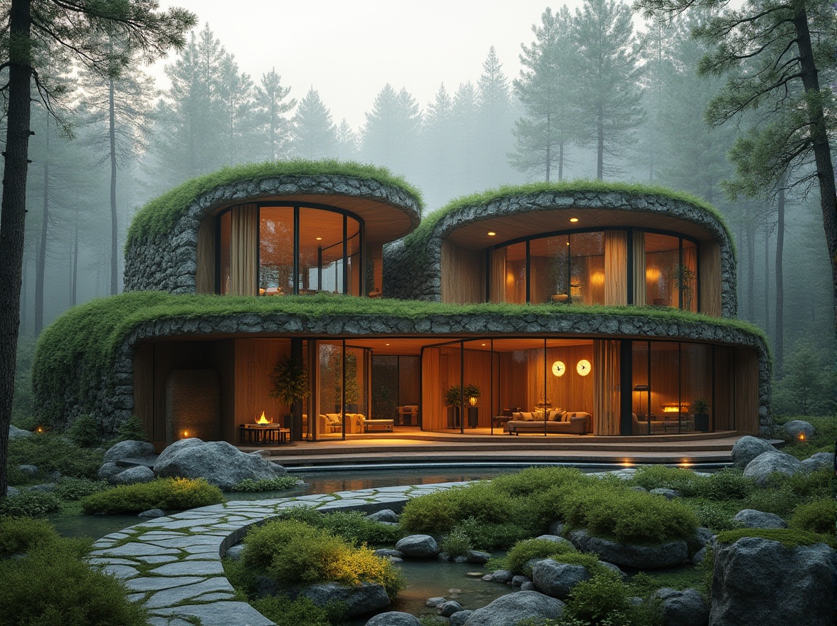 Prompt: Harmonious building facade, seamless integration with surroundings, lush green roofs, natural stone walls, wooden accents, curved lines, minimalist design, large windows, sliding glass doors, soft warm lighting, shallow depth of field, 1/1 composition, realistic textures, ambient occlusion, serene forest surroundings, tall trees, misty atmosphere, early morning light, subtle color palette, earthy tones, organic feel.