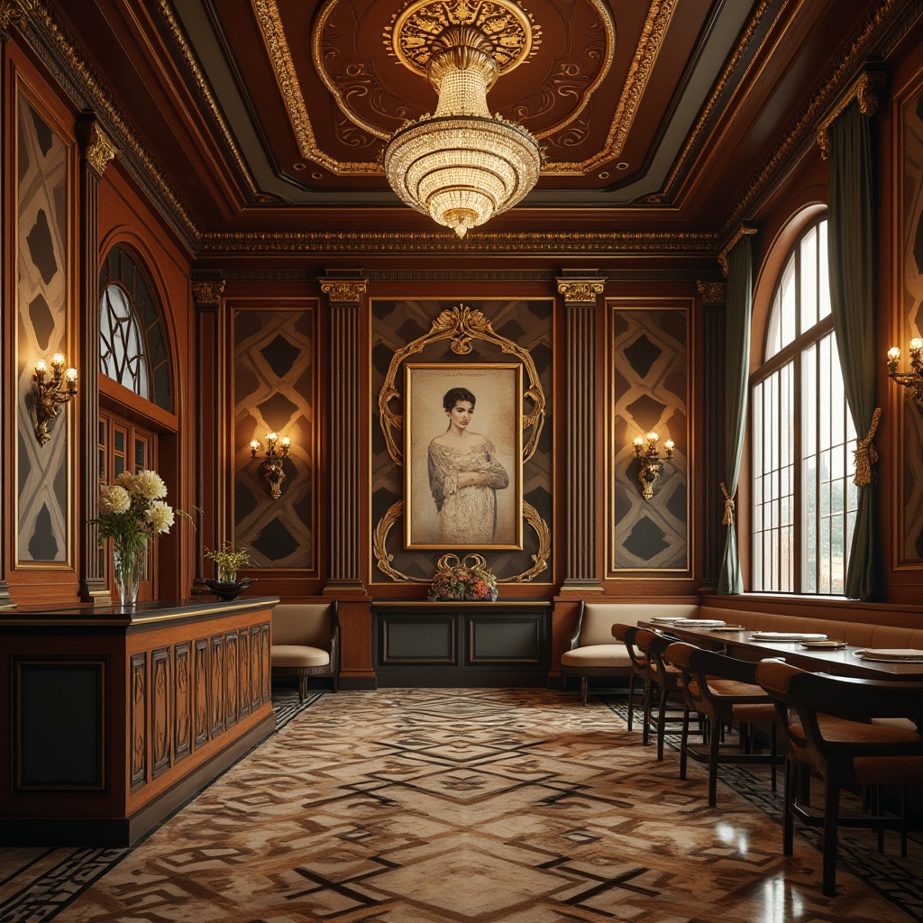 Prompt: Geometric patterns, metallic accents, ornate furnishings, luxurious textiles, sunburst motifs, chevron designs, zigzag lines, stepped silhouettes, bold typography, glamorous lighting, crystal chandeliers, polished marble floors, rich wood paneling, curved lines, opulent fabrics, vintage posters, antique artifacts, lavish decorations, 1920s inspired aesthetic, cinematic composition, high contrast lighting, dramatic shadows, ornate metalwork.