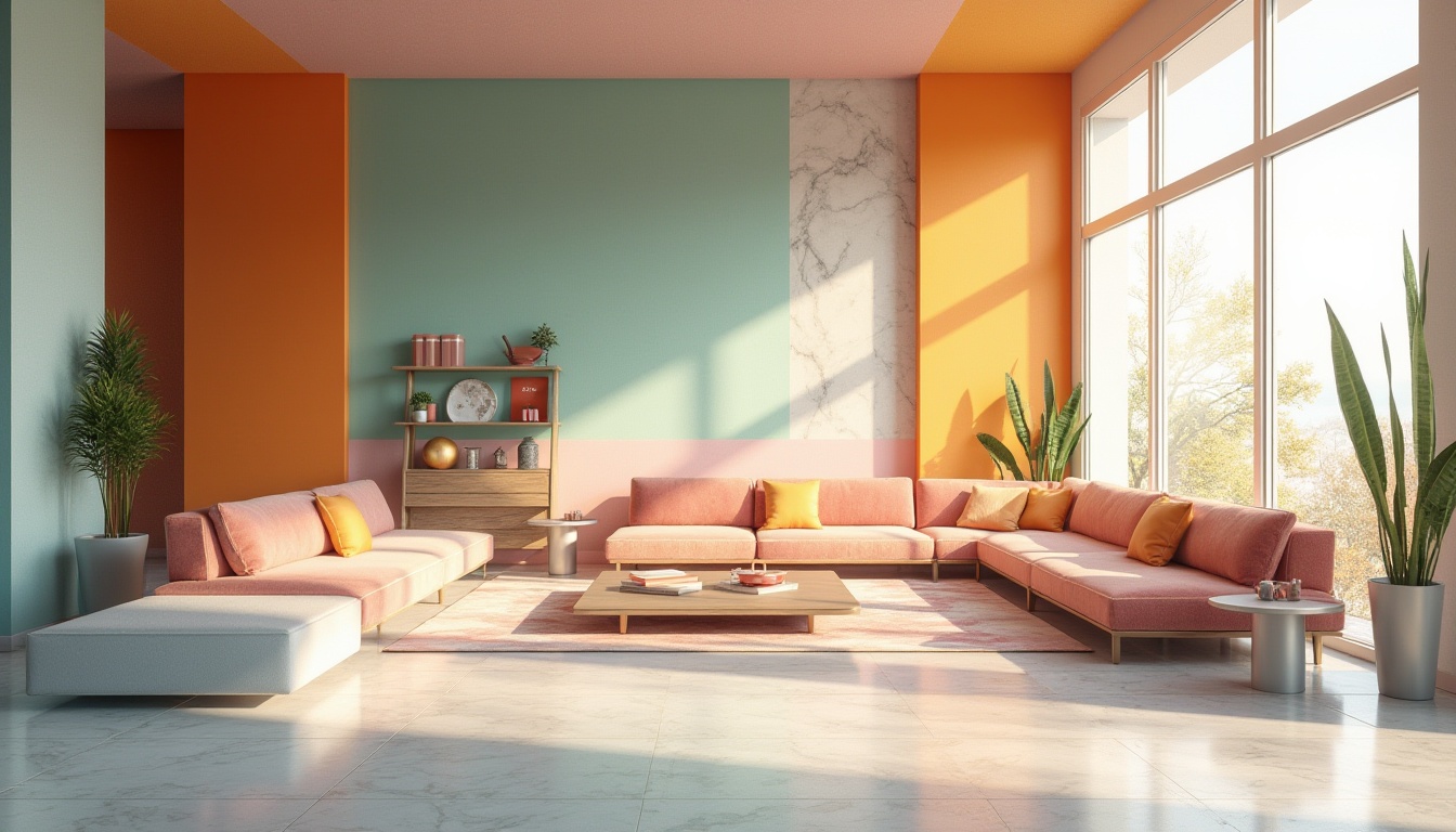 Prompt: Vibrant modern interior, bold color blocking, pastel hues, metallic accents, sleek lines, minimalist decor, abstract artwork, geometric patterns, marble textures, polished wood floors, floor-to-ceiling windows, natural light pouring in, soft gradient backgrounds, warm ambient glow, 1/1 composition, shallow depth of field, realistic reflections.