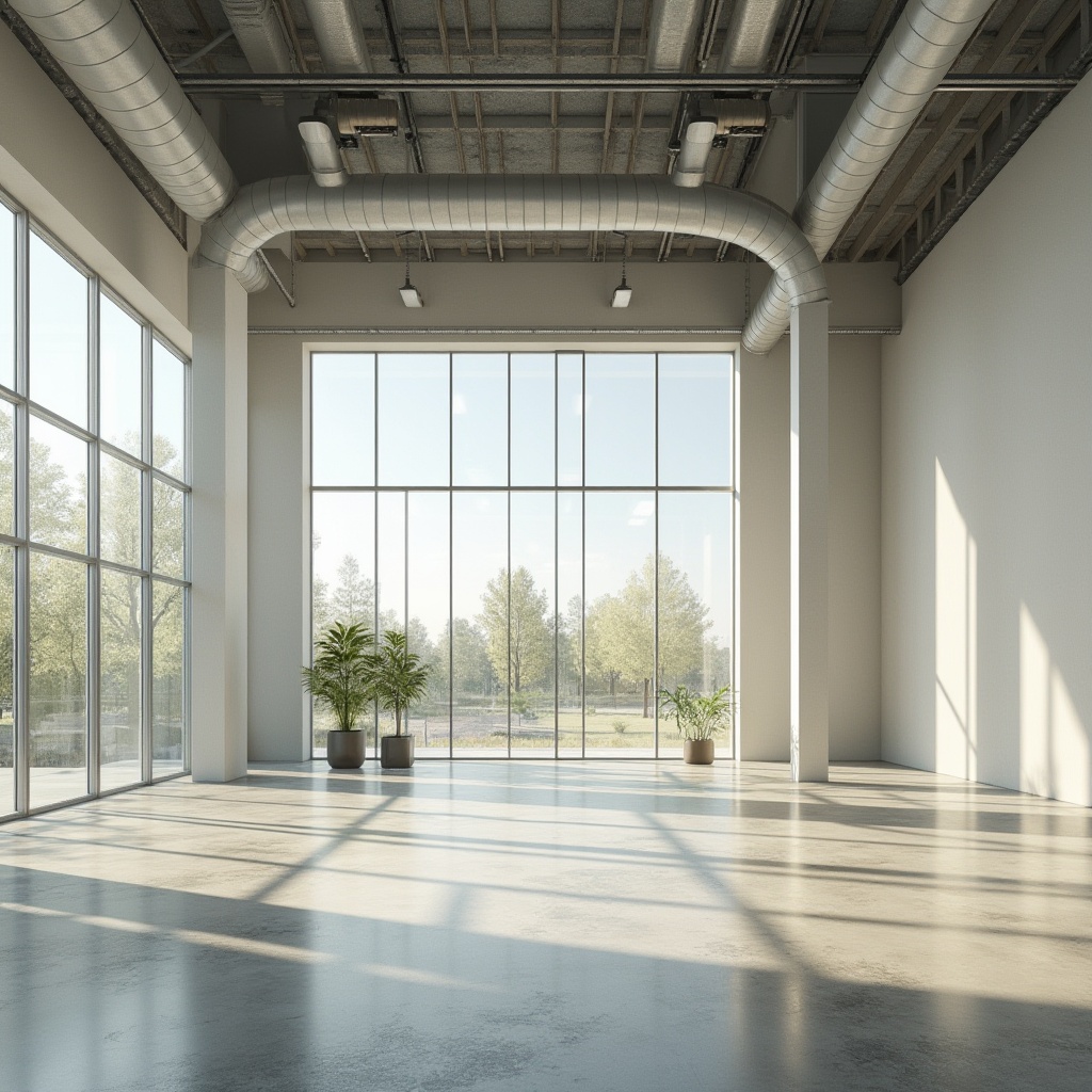 Prompt: Geometric constructivist building, large glass fa\u00e7ade, transparent windows, minimalist frames, open floor plan, high ceilings, reflective white walls, polished concrete floors, industrial metal beams, exposed ductwork, abundant natural light, sunny day, soft warm glow, shallow depth of field, 3/4 composition, panoramic view, realistic textures, ambient occlusion.