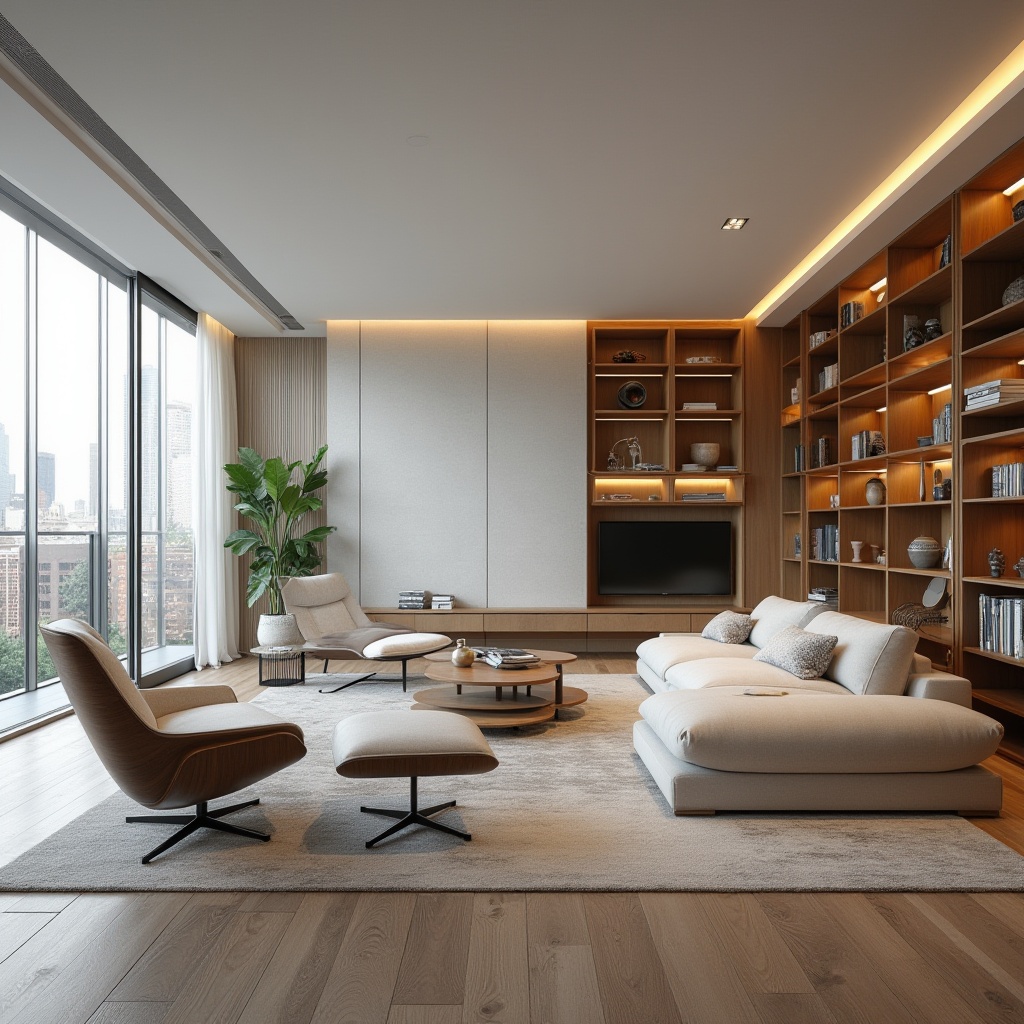 Prompt: Modern living room, minimalist decor, sleek furniture, ergonomic chairs, built-in shelving, floor-to-ceiling windows, natural light, urban skyline view, wooden flooring, neutral color palette, functional storage solutions, hidden compartments, smart home technology integration, ambient LED lighting, cozy reading nook, comfortable seating areas, open-plan layout, efficient traffic flow, harmonious spatial relationships, 1/1 composition, softbox lighting, realistic textures.