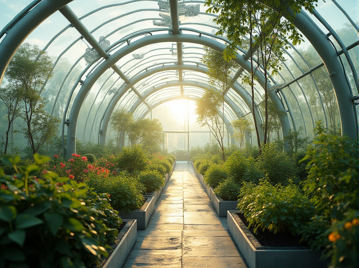 Prompt: Futuristic greenhouse, curved glass architecture, hydroponic systems, lush greenery, vibrant flowers, edible gardens, sustainable energy harvesting, solar panels, wind turbines, recycled materials, translucent polycarbonate walls, minimalist interior design, ambient natural lighting, soft warm glow, shallow depth of field, 3/4 composition, panoramic view, realistic textures, ambient occlusion, innovative climate control systems, misting irrigation systems, aerodynamic roof vents, modular steel frames, eco-friendly coatings, organic shapes, biophilic design elements.