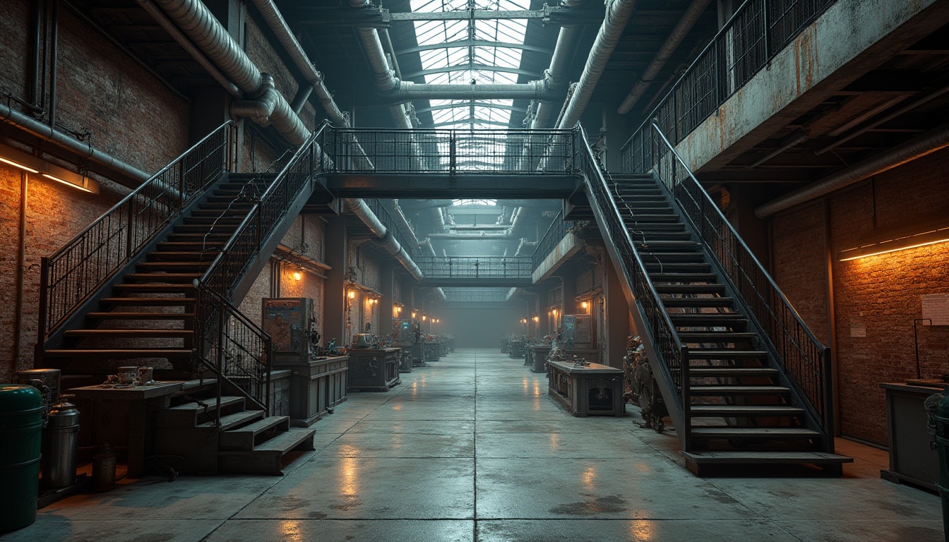 Prompt: Industrial-chic factory, exposed brick walls, metal beams, concrete floors, futuristic machinery, neon-lit catwalks, steel staircases, industrial piping systems, metallic accents, distressed wood textures, urban cityscape backdrop, moody atmospheric lighting, high contrast shadows, cinematic composition, 1/2 camera angle, gritty realistic render.