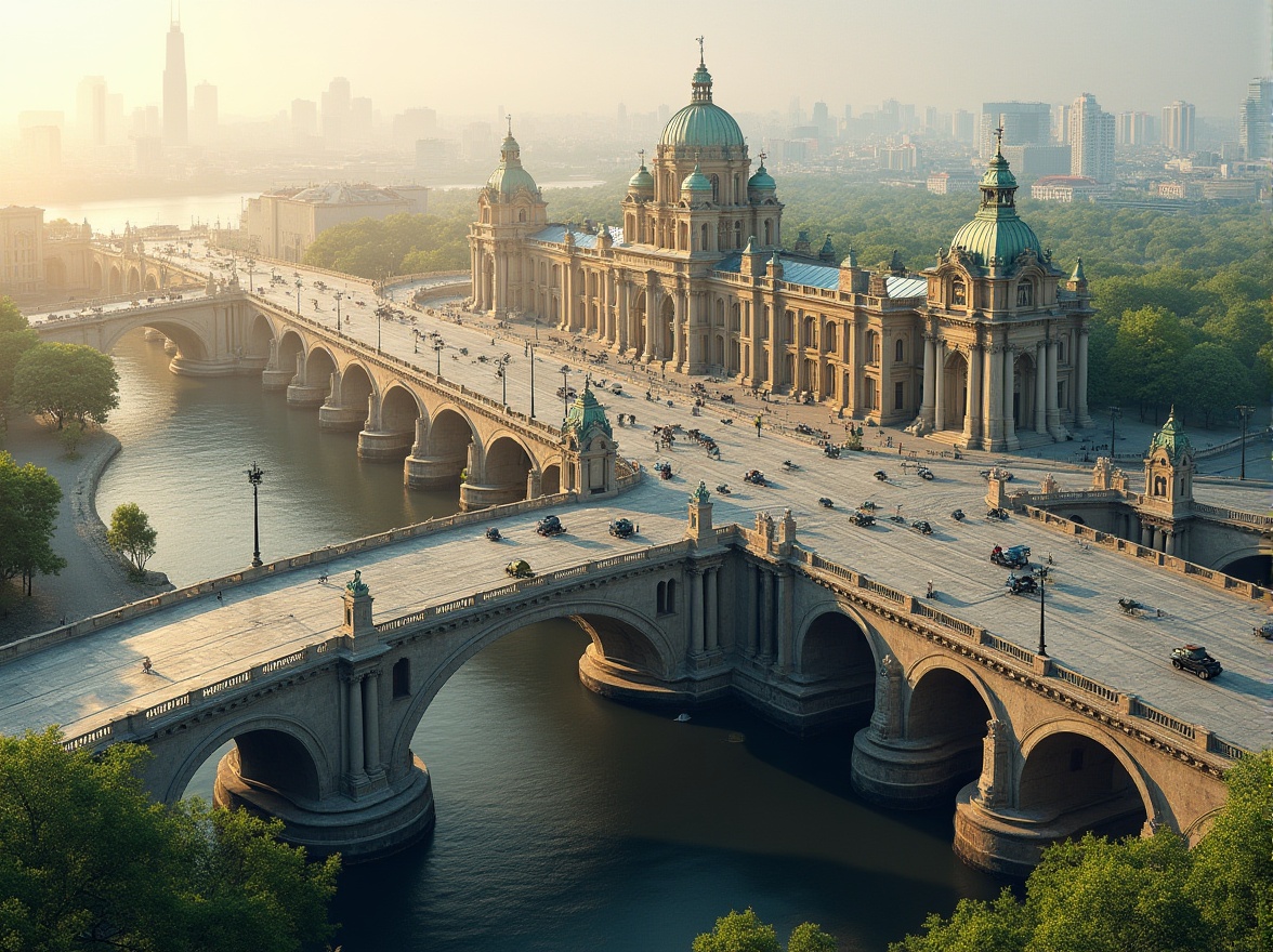 Prompt: Elegant neoclassical bridge, arches, columns, ornate details, green roofs, solar panels, wind turbines, rainwater harvesting systems, permeable pavements, native plant species, water-efficient irrigation, energy-efficient lighting, recyclable materials, low-carbon concrete, steel reinforcements, pedestrian-friendly walkways, cyclist lanes, scenic overlooks, river views, urban skyline, warm golden lighting, shallow depth of field, 3/4 composition, realistic textures, ambient occlusion.